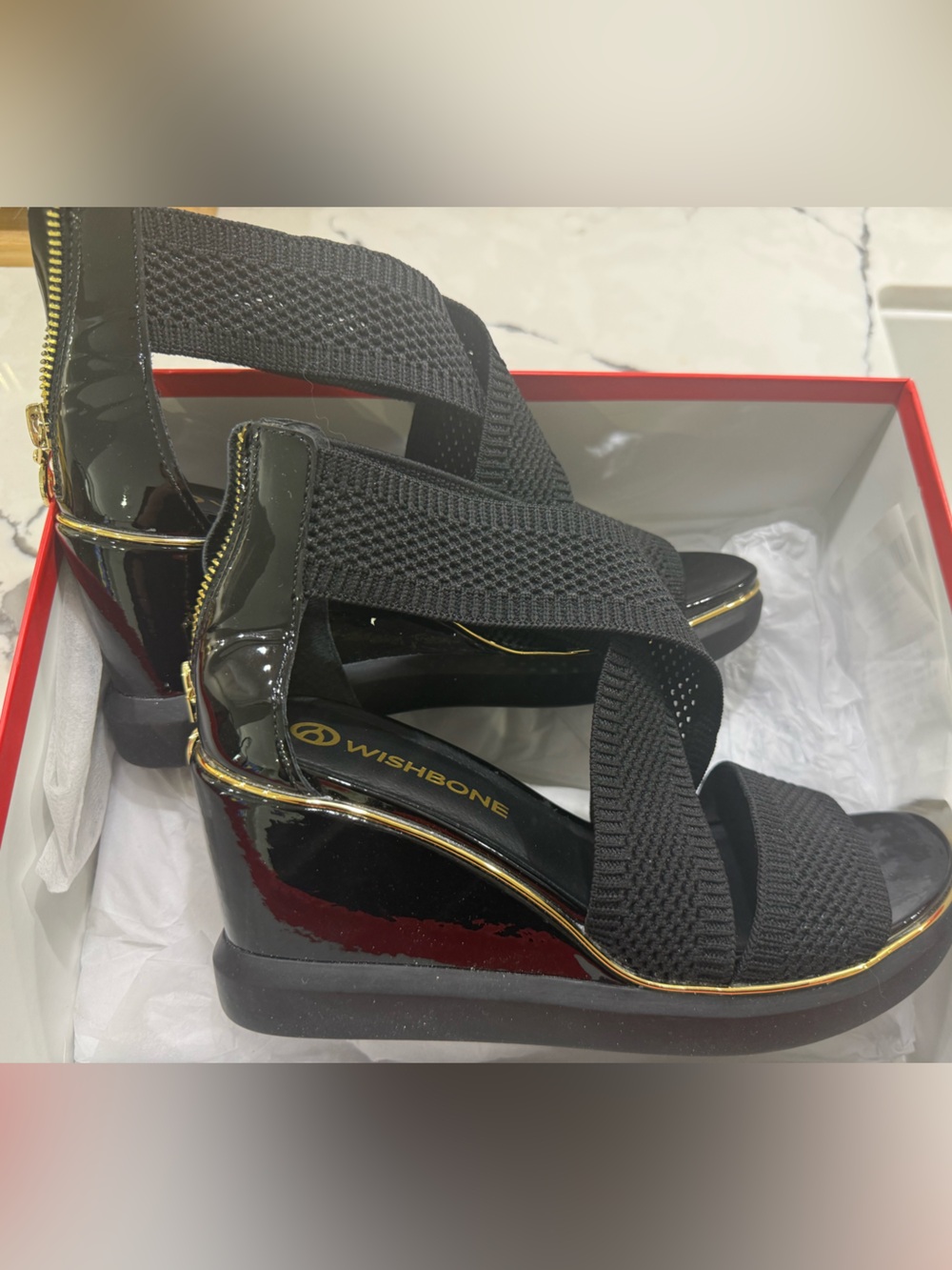 Wishbone Black Patent Elastic Wedge Sandals with Gold Trim